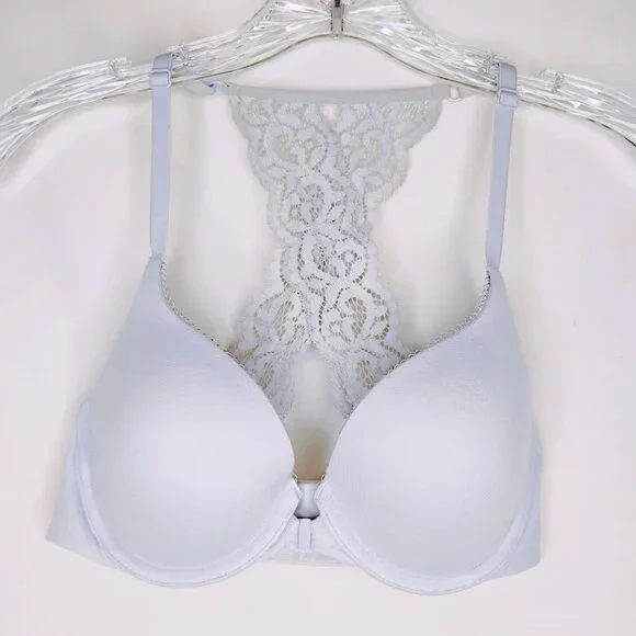 Victoria's Secret Bra Push Up Padded Comfy Front Close Lace Racer Gray Blue 32C - Picture 4 of 16